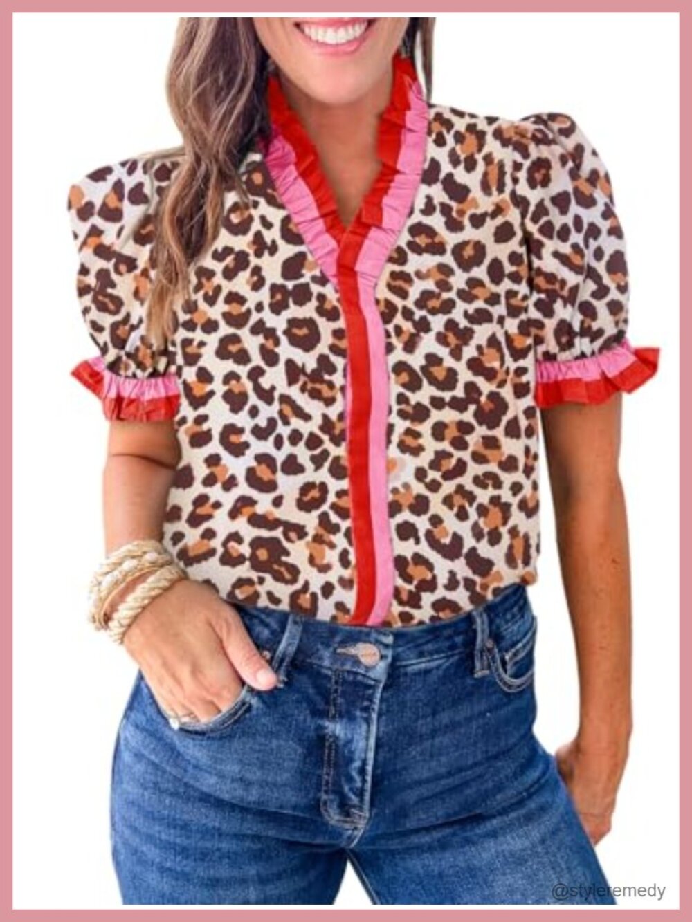 Womens Casual Floral Print Button Down Blouse Puff Sleeve V-Neck Top